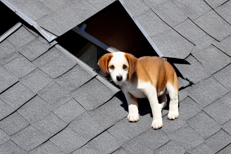 Image similar to a dramatic photo of a puppy standing at the edge of a roof