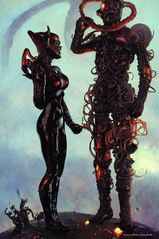 Image similar to iron fisted lovecraftian demon standing beside elegant lady wearing a latex spacesuit, by norman rockwell, jack kirby, jon berkey, earle bergey, craig mullins, ruan jia, jeremy mann, tom lovell, marvel, astounding stories, 5 0 s pulp illustration, scifi, fantasy, artstation creature concept