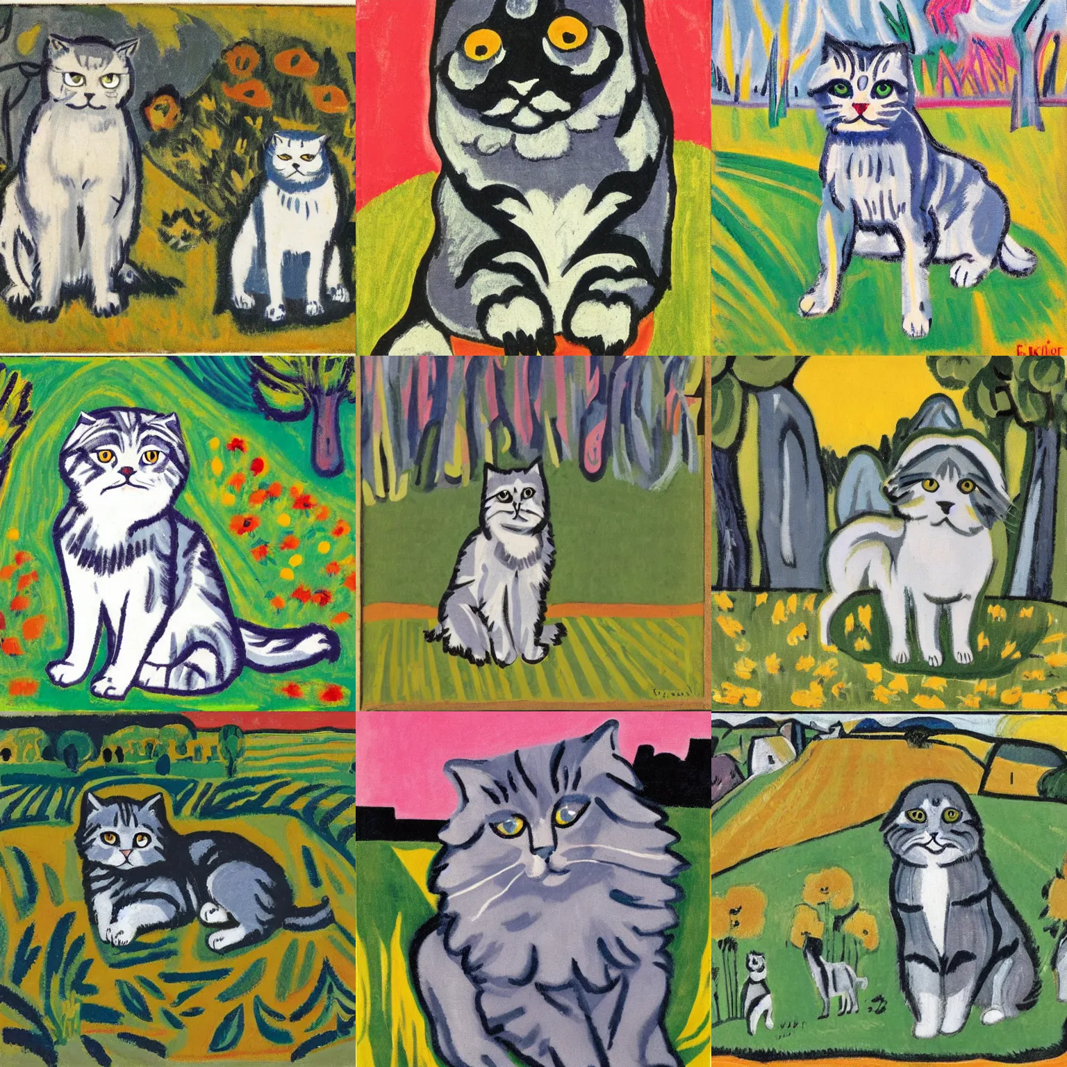 Image similar to a gray scottish fold sitting in the middle of sunny meadow, by ernst ludwig kirchner