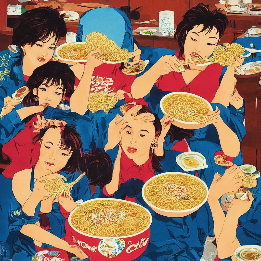 Image similar to 2 beautiful women eating a bowl of ramen, 1990s poster art