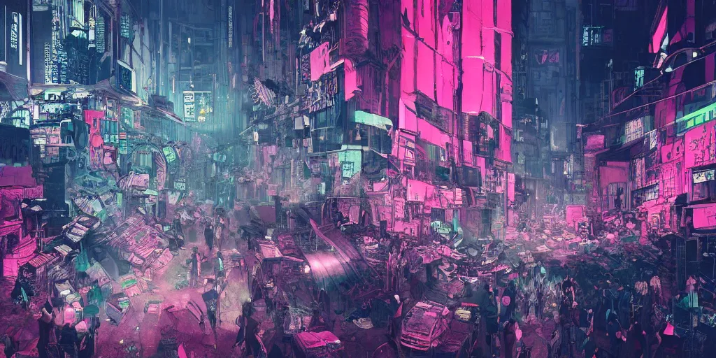 Prompt: punk neon crumbling futuristic city street crowd, with pink smog, late afternoon, high resolution detailed illustration by liam wong, victo ngai, robert rauschenberg, Warwick Goble