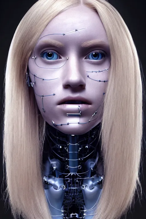 Image similar to robot with human face, female head, full body angle, woman human face, human face realistic, beautiful blonde hair, human head, human head with blonde hair, blonde hair human head, blonde hair, human realistic face, human head skin, cyborg frame concept, cyborg by ales-kotnik, sci-fi android female, the body is made of wires, robotic body, cyborg body, cyborg bust body, robot body cyborg, full body