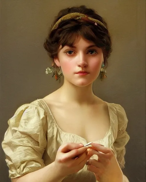 Image similar to a girl rolling a joint, beautiful face, oil on canvas, artstation, by j. c. leyendecker and edmund blair leighton and charlie bowater, beautiful face, octane, very aesthetic!!!!!!!!!!!!!!! stunning gorgeous big eyes