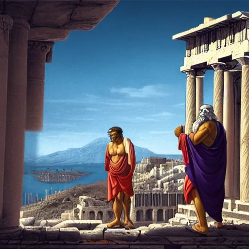 Prompt: plato arguing with diogenes on the acropolis, by dan mumford, yusuke murata, makoto shinkai, ross tran, cosmic, heavenly, god rays, intricate detail, cinematic, 8 k, cel shaded, unreal engine, featured on artstation, pixiv