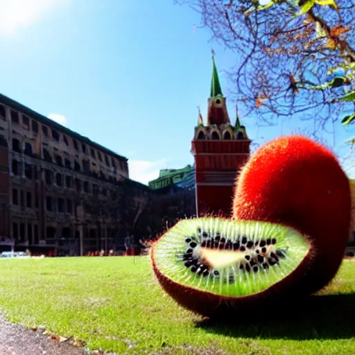 Image similar to photo giant kiwi fruit standing on red square