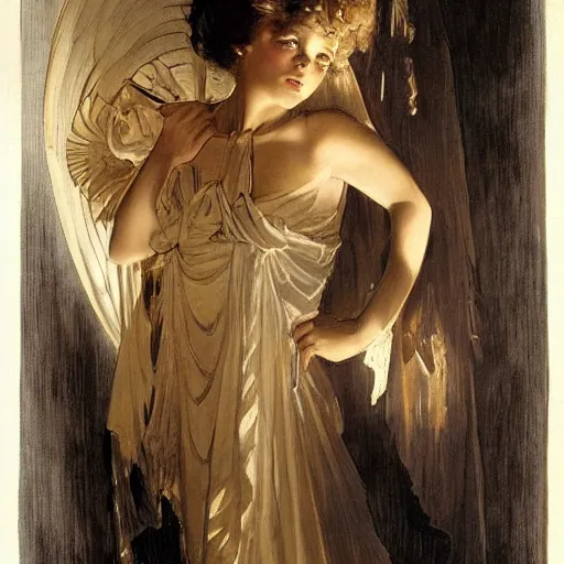 Prompt: a pair of glowing silver eyes shining in the darkness belonging to a mysterious young girl who's silhouette is hardly visible in the darkness. by jc leyendecker. gaston bussiere