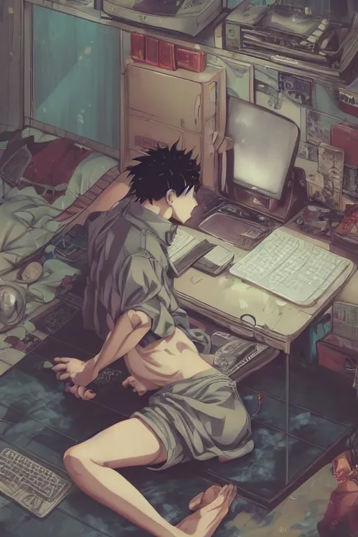 Image similar to anime manga guy laying on floor looking at computer, cluttered 9 0 s aesthetic bedroom, by artgerm, james jean, tom bagshaw, gerald brom, vaporwave colors, lofi colors, vaporwave, lofi, goth vibe, 4 k, smooth, hd, substance designer render, full body character concept art, symmetrical,