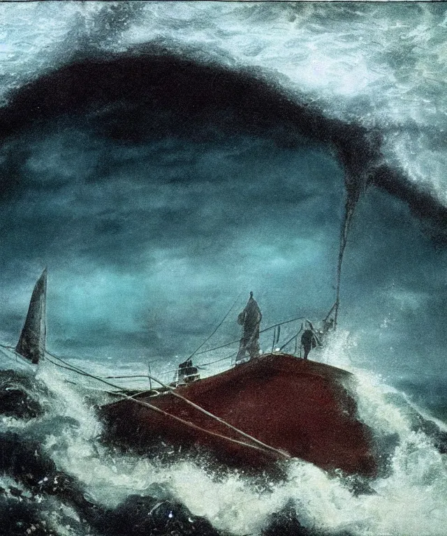 Image similar to ultra realistic color photo of a 1 9 2 5 seiner sailing with the jamaican shoreline with the mouth of a sea cave at the waterline, dark, painted, brooding, atmospheric, seascape, lovecraft, horror, smooth, epic, highly detailed, cinematic, annie lebowitz