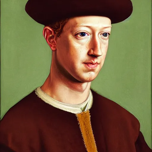 Image similar to portrait of mark zuckerberg, oil painting by jan van eyck, northern renaissance art, oil on canvas, wet - on - wet technique, realistic, expressive emotions, intricate textures, illusionistic detail