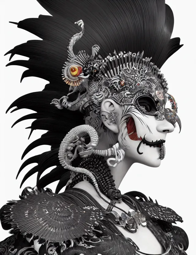 Image similar to 3 d goddess close - up profile portrait punk with mohawk with ram skull. beautiful intricately detailed japanese crow kitsune mask and clasical japanese kimono. betta fish, jellyfish phoenix, bio luminescent, plasma, ice, water, wind, creature, artwork by tooth wu and wlop and beeple and greg rutkowski