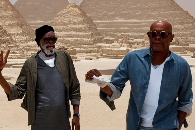 Image similar to samuel l jackson explores the inside of a pyramid in egypt