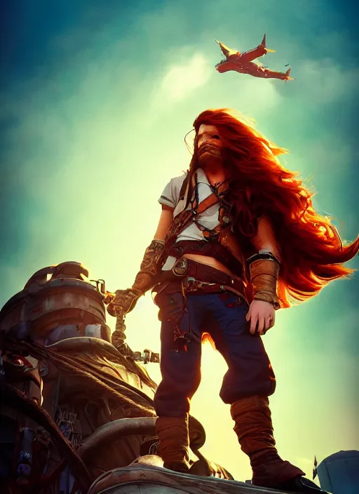 Image similar to disney style : an epic fantasy comic book style portrait painting of a long haired, red headed male sky - pirate in front of an airship in the style of disney, unreal 5, daz, hyperrealistic, octane render, cosplay, rpg portrait, dynamic lighting