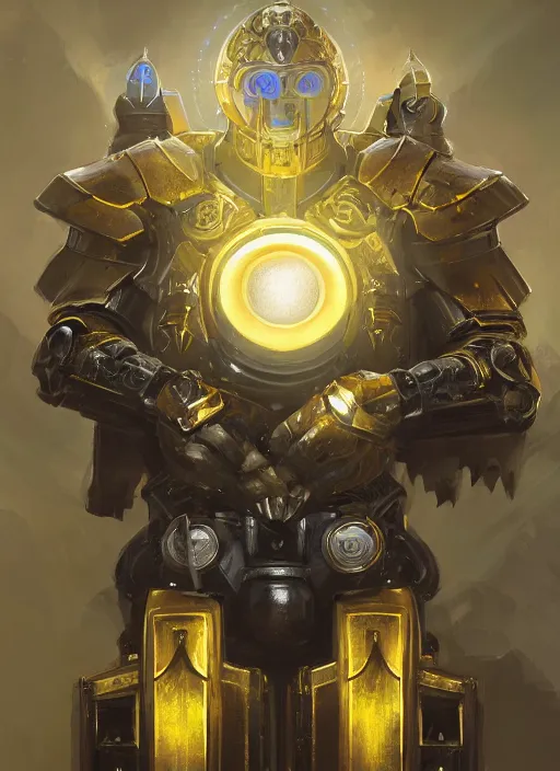 Image similar to dynamic head-on abstract portrait of a intricate glorious holy mechanical warforged character in yellow armor holding a paladin engraved great longsword drawn and carrying a big paladin shield, beam glowing eye , face in focus, epic , trending on ArtStation, masterpiece, cinematic lighting, by Ross Tran and by Greg Rutkowski