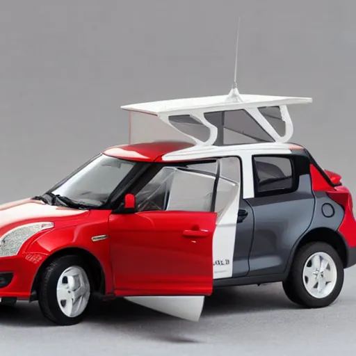 Image similar to 1/24 scale model of Suzuki swift Sport with a 1/35 scale model of a sdkfz 251 in the background, high quality, Model photograph, high detail, 8k, studio lighting