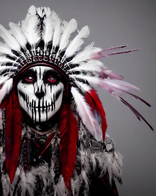 Prompt: the ghost - spirit of the grim - warpaint wears the scarlet skull armor and native blood headdress feathers, midnight fog - mist!, cinematic lighting, various refining methods, micro macro autofocus, ultra definition, award winning photo