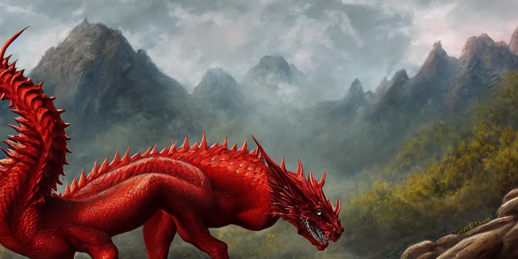 Image similar to a realistic painting of a red dragon standing on a rock with forest covered mountains in the background, artstation