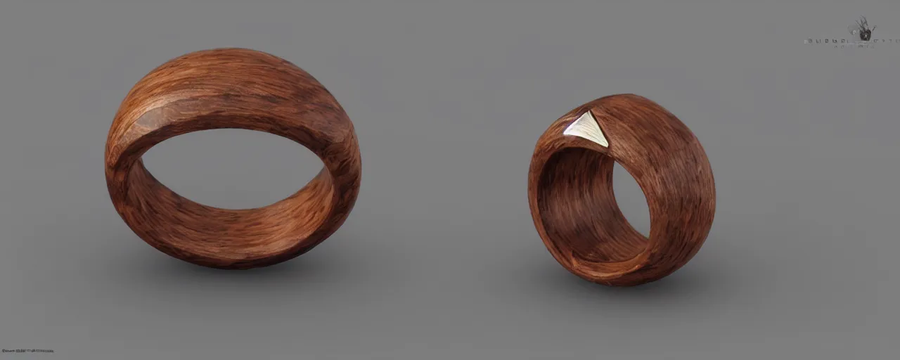 Image similar to simple wooden ring with a shield ornament, ring, wood, steel, tungsten, smooth shank, engravings, product design, jewelry, art by gerald brom, greg rutkowski and artgerm and james jean and zdzisław beksinski, 8 k, unreal engine, c 4 d