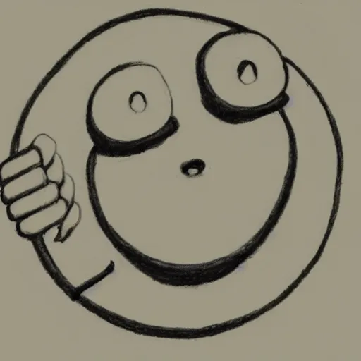 Image similar to primitive drawing of smiling circle face with thumb up hand and red eyes.