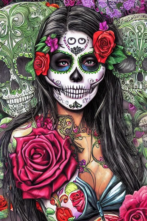 Prompt: Illustration of a sugar skull day of the dead girl, art by Glenn Fabry
