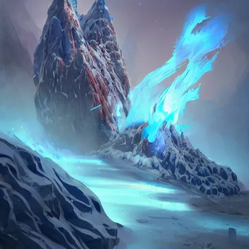 Image similar to blue glacier volcano eruption, blue glacier volcano eruption, blue liquid and snow, blue glacier volcano eruption, snow dust everywhere, snow army battlefield, ice cold blue theme, bright masterpiece artstation. 8 k, sharp high quality artwork in style of jose daniel cabrera pena and greg rutkowski, concept art by tooth wu, blizzard warcraft artwork, hearthstone card game artwork