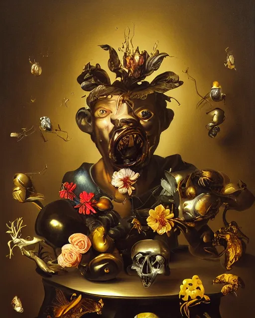 Image similar to refined gorgeous blended oil painting with black background by christian rex van minnen rachel ruysch dali todd schorr chiaroscuro portrait extremely bizarre disturbing mutated man beautiful suit made of still life flowers and rubber insects with shiny skin dutch golden age vanitas intense chiaroscuro cast shadows obscuring features dramatic lighting perfect symmetry perfect composition masterpiece