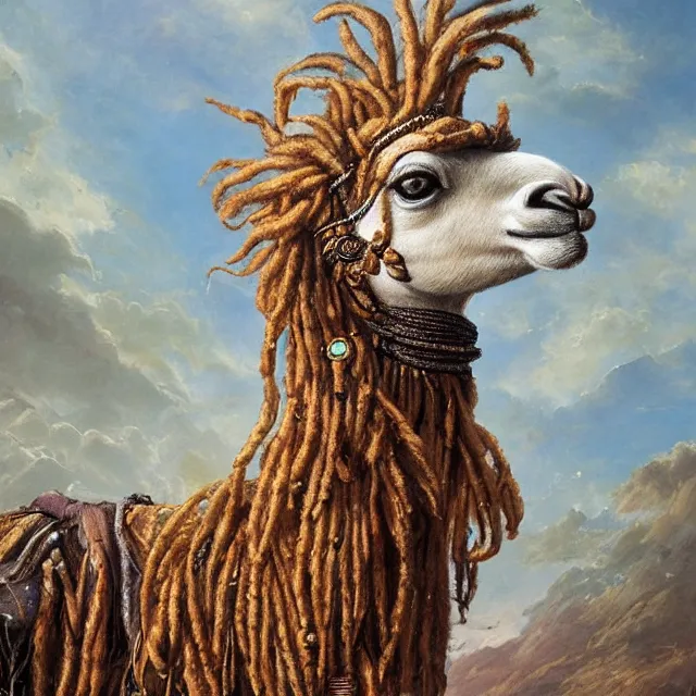 Image similar to llama with dreadlocks, by mandy jurgens, ernst haeckel, ron embleton, james jean