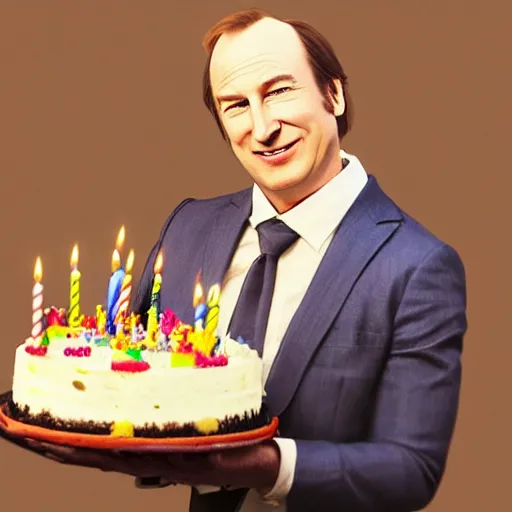 Prompt: bob odenkirk, smiling, holding a birthday cake, anime art, trending on artstation