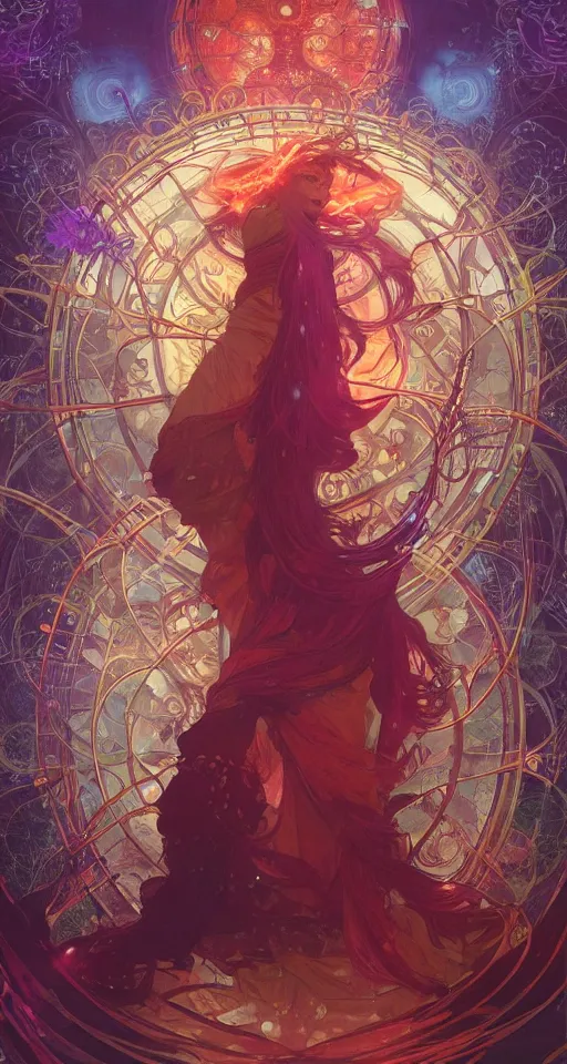 Image similar to she dreams of arcs of purple flame intertwined with glowing sparks, glinting particles of ice, dramatic lighting, steampunk, bright neon, secret holographic cyphers, red flowers, solar flares, intricate art by alphonse mucha and greg rutkowski and ruan jia