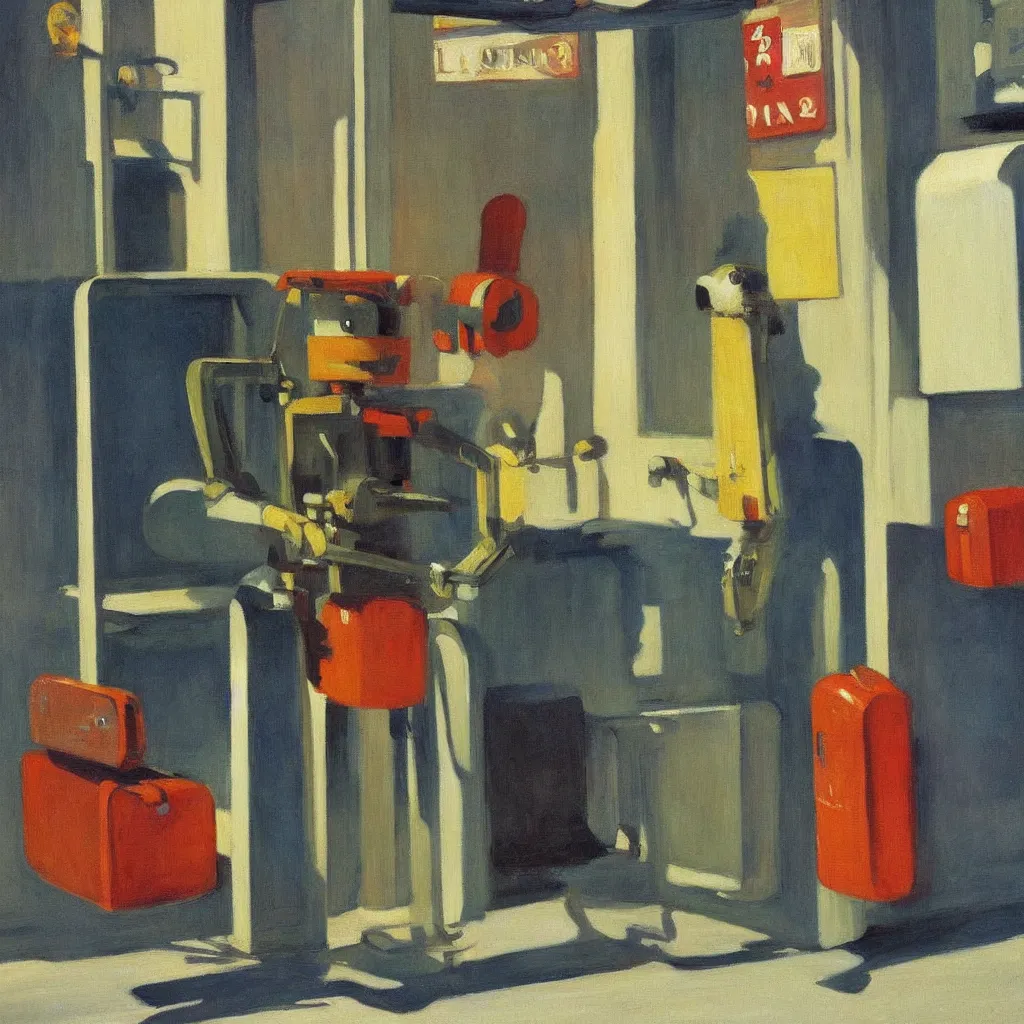 Image similar to a painting of a tin can robot with luggage in new york by Edward Hopper