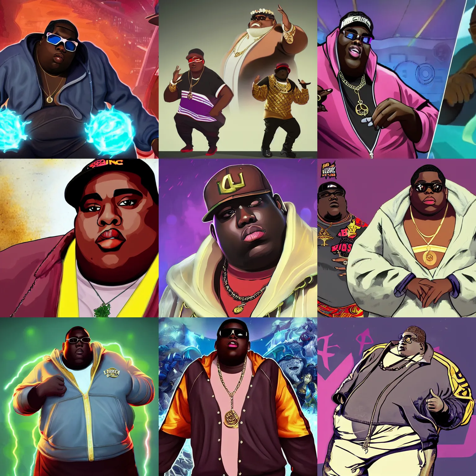 Prompt: the notorious b. i. g. as a character in the game league of legends, with a background based on the game league of legends
