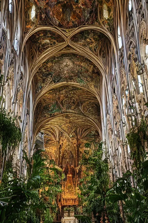 Image similar to photo inside a cathedral overgrown by lush plants, ornate highly detailed intricate