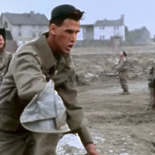 Image similar to movie still of derek zoolander in saving private ryan, using blue steel against germans