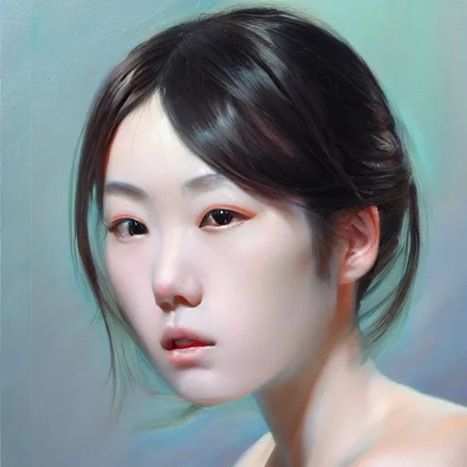 Image similar to perfect, realistic oil painting of close-up japanese girl face, by Sakimichan, by an American professional senior artist, Hollywood concept, dynamic composition and motion, postproduction.