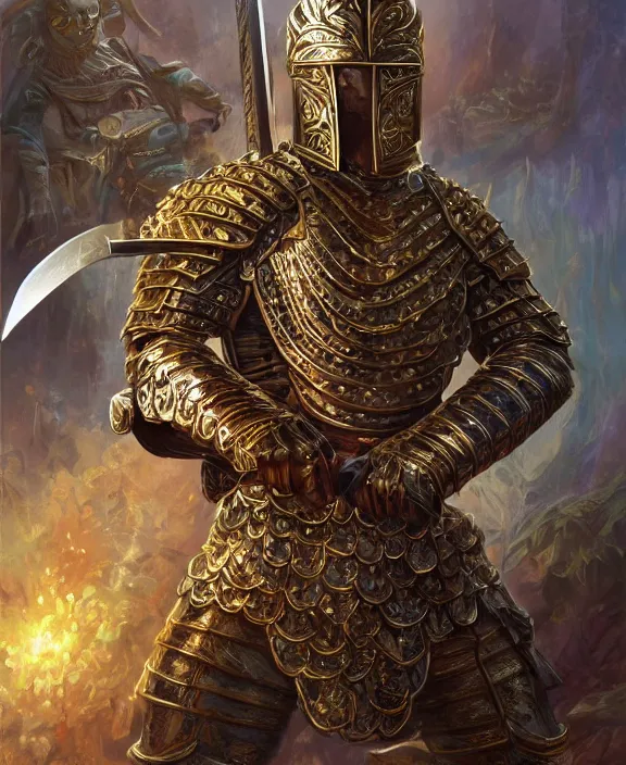 Prompt: strong warrior with legendary sword, fantasy, man, gilded shiny armour, intricate, highly detailed, digital painting, artstation, concept art, wallpaper, smooth, sharp focus, illustration, illumination, raytracting, art by larry elmore, jeff easley, clyde waldwell, keith parkinson, daniel r horne