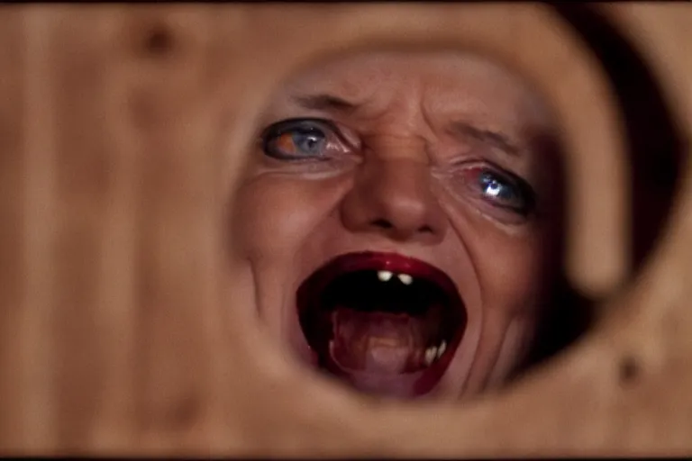 Prompt: A terrifying close-up portrait of Angela Merkel's manic wide-eyed crazy face peeking through a torn wooden door, film still from The Shining by Stanley Kubrick, Eastman Color Negative II 100T 5247/7247, ARRIFLEX 35 BL Camera, 1:37:1 ratio