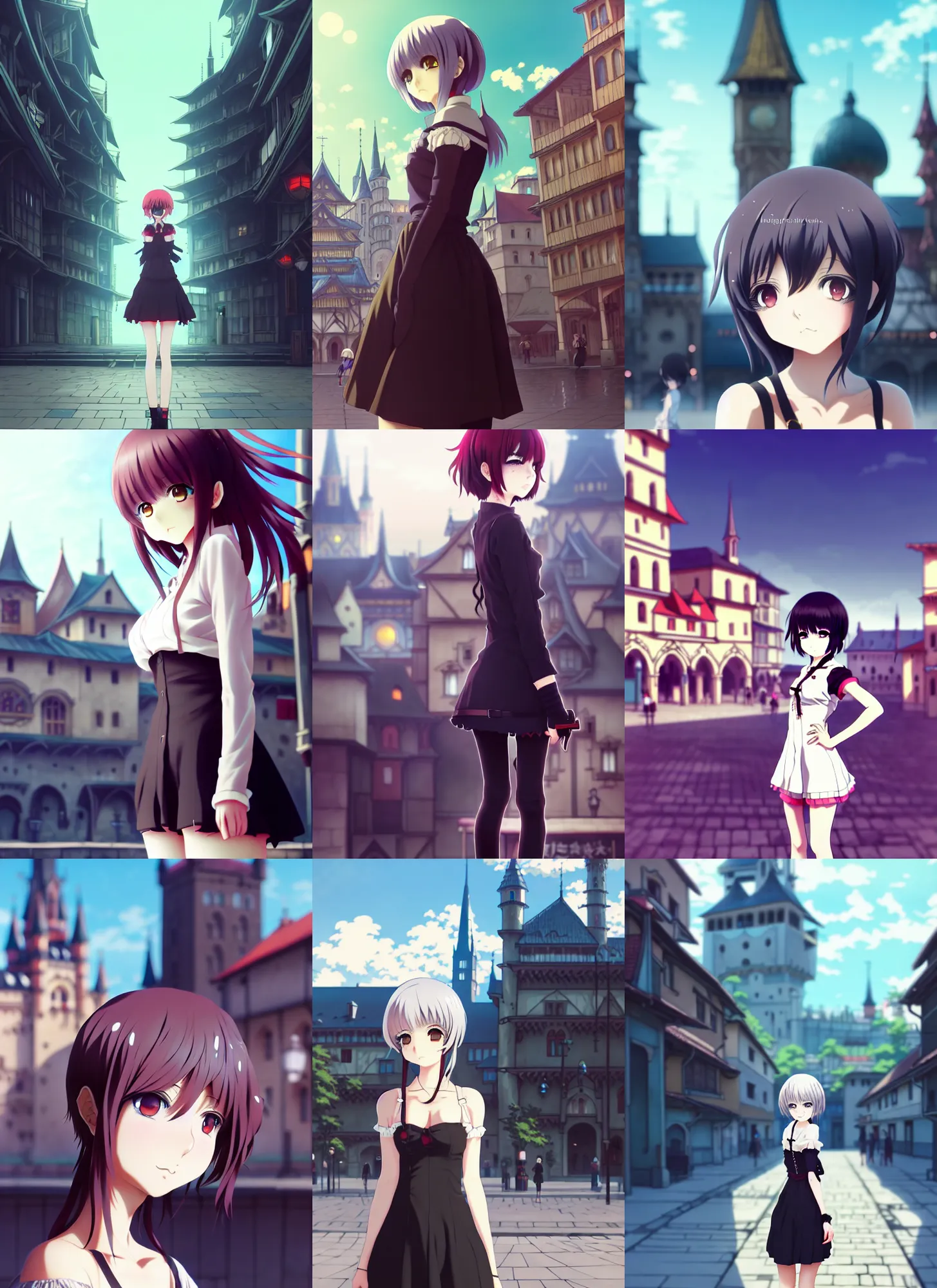 Prompt: anime frames, anime visual, full body portrait of a young woman in the medieval city square looking at the fantasy palace in the distance, cute face by ilya kuvshinov, nier, dynamic pose, dynamic perspective, rounded eyes, moody, psycho pass, kyoani, yoh yoshinari