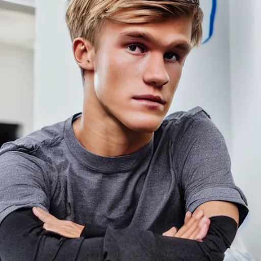 Image similar to a realistic detailed photo of a guy who is an attractive humanoid who is half robot and half humanoid, who is a male android, soccer player martin ødegaard, shiny skin, posing like a statue, blank stare, in a living room, on display, showing off his muscles