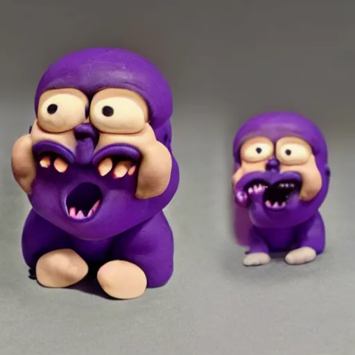 Prompt: tiny moustached homunculus with a huge mouth screaming and crying tiny little feet and purple skin, clay model