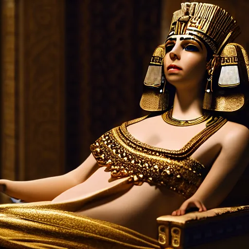 Prompt: queen cleopatra in a cinematic closeup. lounging. royal chamber. canon eos c 3 0 0, ƒ 1. 8, 3 5 mm. 8 k. medium - format. inspired by roger deakins cinematography, photorealistic