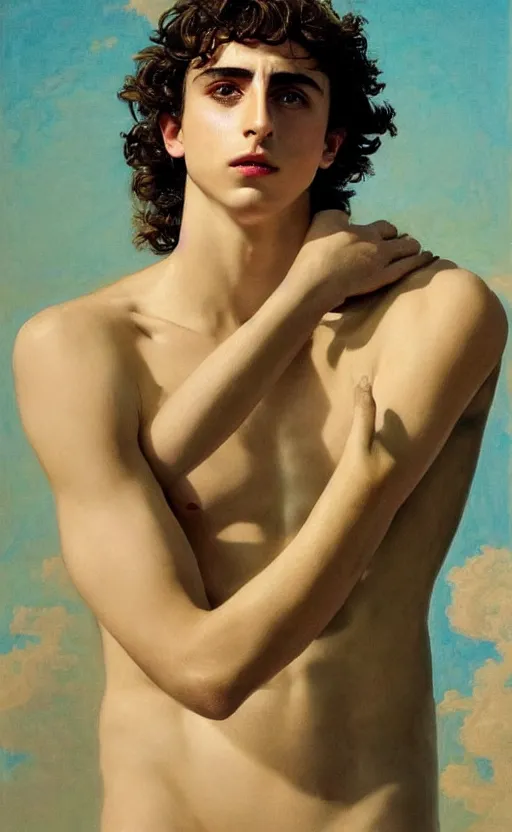 Prompt: Timothee Chalamet as Antinous in ancient Greece, intense painting, sunny, tropical, +++ super supper supper dynamic pose,  digital art, +++ SFW(SAFE FOR WORK) +++ quality j.c. leyendecker, limited edition, shiny, ++++, thick eyebrows, masculine appeal high fashion, GREEN EYES, GREEK CLOTHES, closeup, important, smirking, palm trees, tropical flowers, colorful, surrealism art, modern