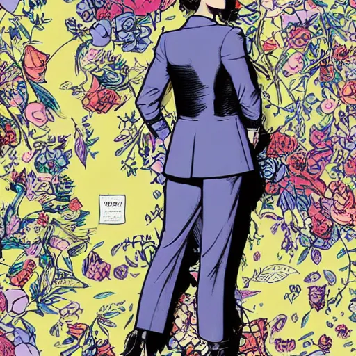 Prompt: rosamund pike with dark - hair as the doctor, wearing a colourful floral pattern three - piece suit, complementary colours, 2 d matte, graphic novel, art by laurie greasley and ardian syaf,