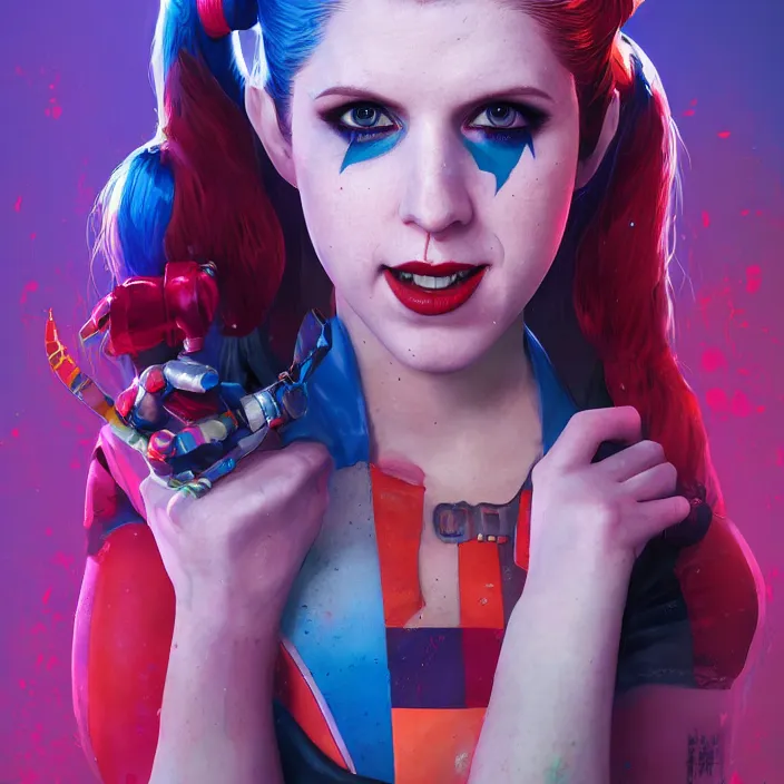 Image similar to portrait of Anna Kendrick as harley quinn. intricate abstract. intricate artwork. by Tooth Wu, wlop, beeple, dan mumford. octane render, trending on artstation, greg rutkowski very coherent symmetrical artwork. cinematic, hyper realism, high detail, octane render, 8k, iridescent accents