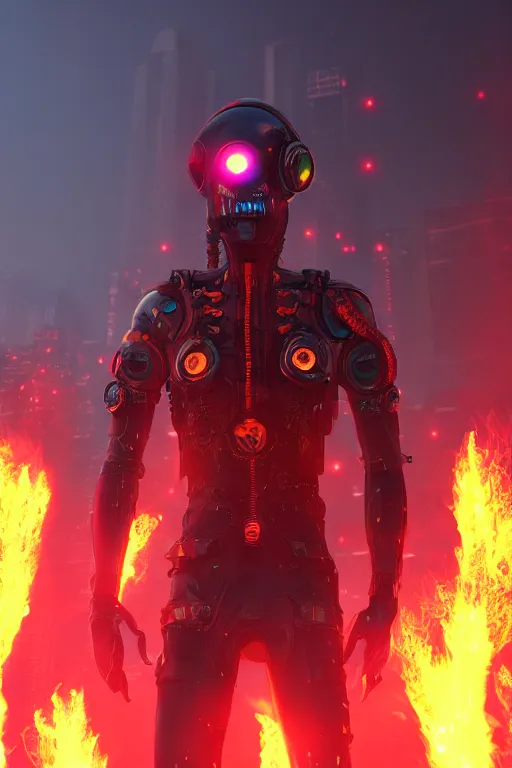 Image similar to Cyberpunk Flame Suit, fantasy, photorealistic, glowing eyes, 4k, cinematic lighting, explosive