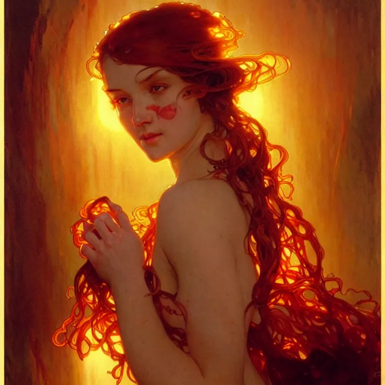 Image similar to glossy liquid honey drops flowing like translucent amber, backlit, sunset, refracted lighting, art by collier, albert aublet, krenz cushart, artem demura, alphonse mucha