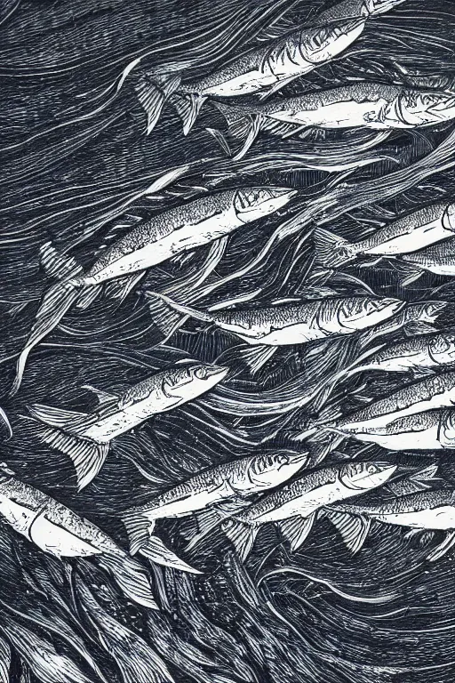 Prompt: a beautiful wood engraving on paper of a school of mackerel, 8 k, frostbite 3 engine, cryengine, dof, trending on artstation, digital art, crepuscular ray