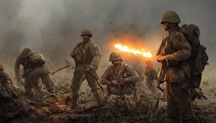 Prompt: beautiful film still of a war movie where a lone survivor, one soldier after his squad killed in action in a trench waiting for the war to end. cinematic lighting and rendering, atmospheric, concept art, high detailed faces, artstation, painted by eddie mendoza, post process by artgerm and greg rutkowski and albert bierstadt