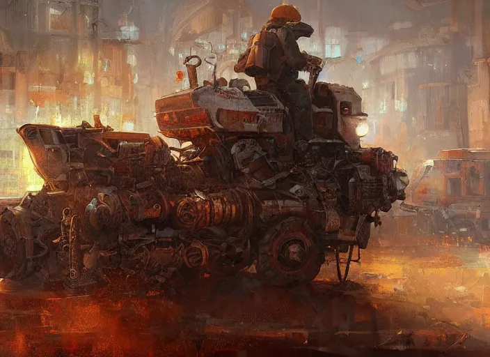Prompt: enviroment design, a man made out of broken machine parts, warm colors, cinematic dramatic atmosphere, oil painting by jama jurabaev, extremely detailed, brush hard, artstation, for aaa game, high quality, brush stroke