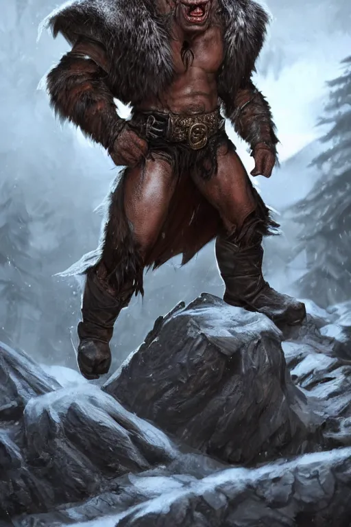 Prompt: A full body shot of a handsome orc!!! looking into the camera wearing a leather fur jacket and boots, full body shot, detailed face, portrait, artstation, realistic, highly detailed, symmetrical, D&D, Dungeons & Dragons, hyper realistic, dynamic pose, high detail, octane render, unreal engine, 8k, fantasy art, highly detailed, dramatic lighting, concept art