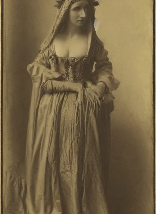 Image similar to portrait of young woman in renaissance dress and renaissance headdress, art by eugene atget