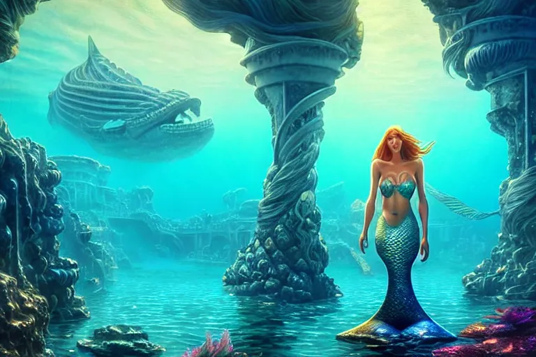 Prompt: a beautiful mermaid looking at the sunken city of Atlantis under water, ray of sunlight, stunning grand architecture, art by Alena Aenami, 8k octane beautifully detailed render, post-processing, extremely hyperdetailed, intricate, epic composition, grim yet sparkling atmosphere, cinematic lighting + masterpiece, trending on artstation, very detailed, vibrant colors, Art Nouveau, volumetric god rays, deep underwater scene